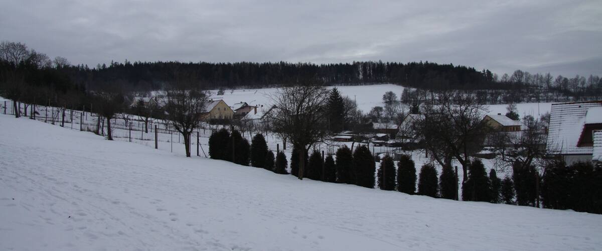A snow-covered landscape with a fence, trees, and houses in the background.