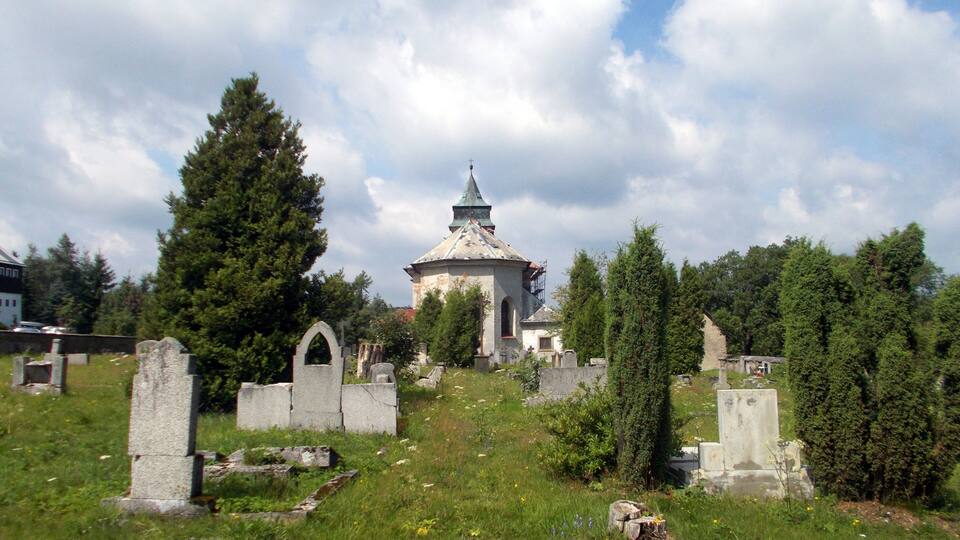 A cemetery with a central dome-shaped structure, surrounded by tombstones and trees.