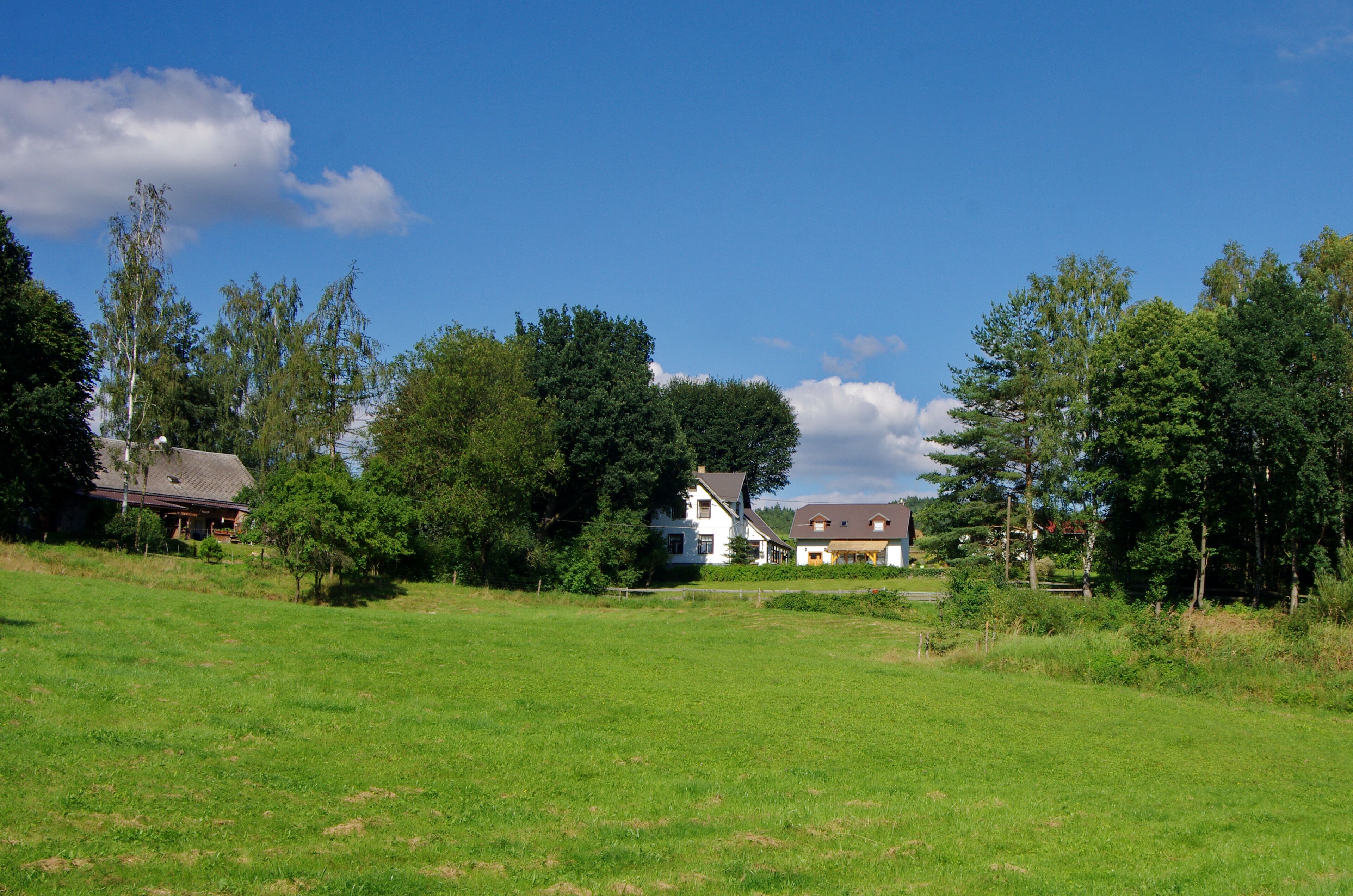 A rural landscape with a grassy field, a white house, and trees under a blue sky.