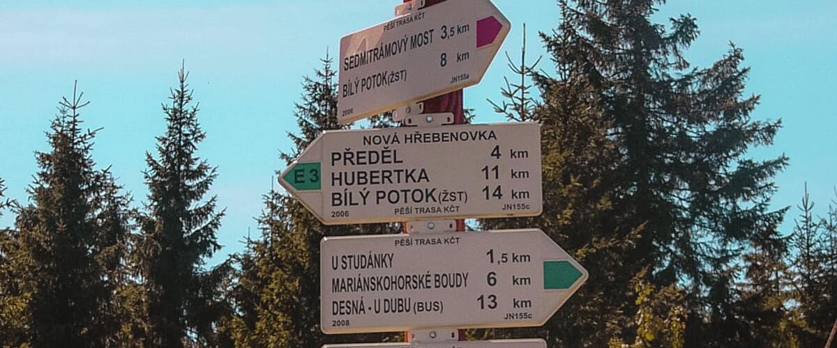 A wooden signpost with multiple directional signs in a forested area.