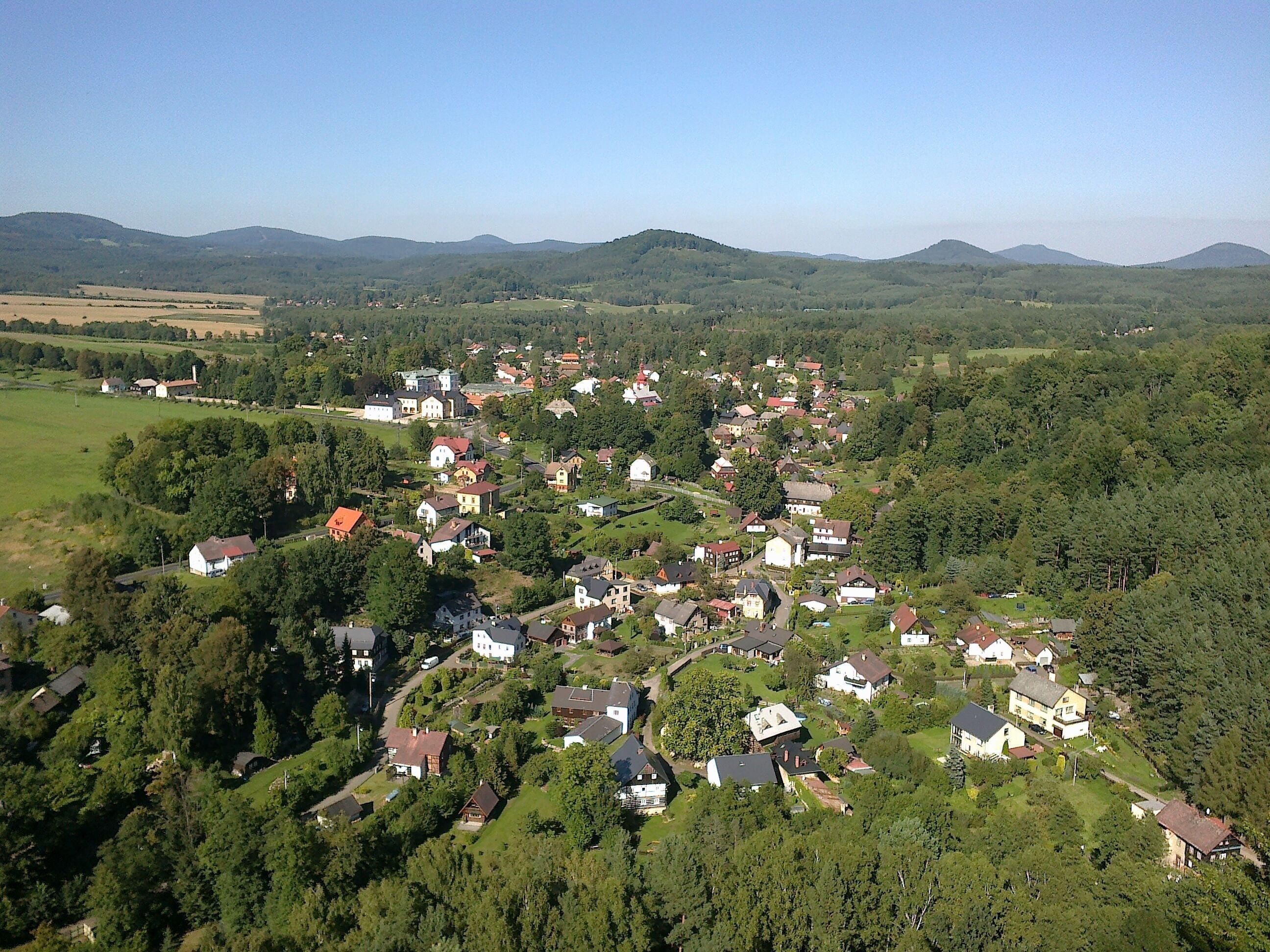 A village nestled in a valley surrounded by hills.