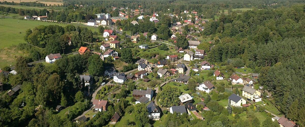 A village nestled in a valley surrounded by hills.