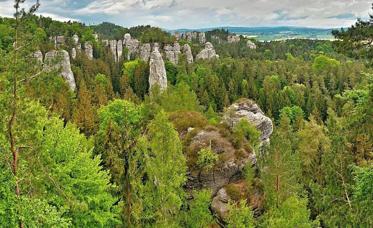 May 2015

Vyhlídka na Kapelu, Hrube rocks, Bohemian Paradise, Czech republic

Bohemian Paradise (=Český Ráj) is a nature reserve protected area established in 1955 and it is located in North Bohemia. It has a varied country side with plenty of first and beech surrounding wonderful sandstone rock formations. The water, wind and frost erosion has left many uniquely shaped rock towers having up to 60 meters of height and these are a popular place for Czech rock climbers for decades. 

View of the main part of Hrube rocks in Bohemian Paradise. It is called View of the Orchestra. The Orchestra is the group of the sandstone towers on the left, with one needle standing before them, which is called the Dirigent.