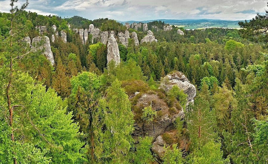 May 2015
Vyhlídka na Kapelu, Hrube rocks, Bohemian Paradise, Czech republic
Bohemian Paradise (=Český Ráj) is a nature reserve protected area established in 1955 and it is located in North Bohemia. It has a varied country side with plenty of first and beech surrounding wonderful sandstone rock formations. The water, wind and frost erosion has left many uniquely shaped rock towers having up to 60 meters of height and these are a popular place for Czech rock climbers for decades.
View of the main part of Hrube rocks in Bohemian Paradise. It is called View of the Orchestra. The Orchestra is the group of the sandstone towers on the left, with one needle standing before them, which is called the Dirigent.