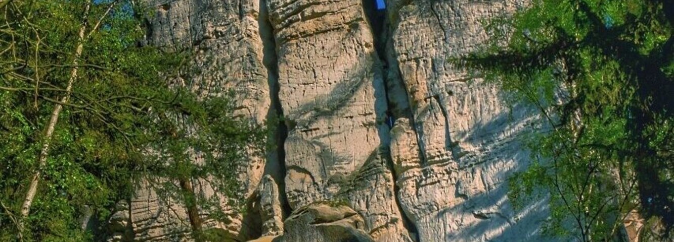 May 2015
Gate rock, Hrube rocks, Bohemian Paradise, Czech republic
Bohemian Paradise (=Český Ráj) is a nature reserve protected area established in 1955 and it is located in North Bohemia. It has a varied country side with plenty of fir and beech forrests surrounding wonderful sandstone rock formations. The water, wind and frost erosion has left many uniquely shaped rock towers having up to 60 meters of height and these are a popular place for Czech rock climbers for decades.
A rock called Gate is one of them in an area called Lighthouse in Hrubé rocks region.