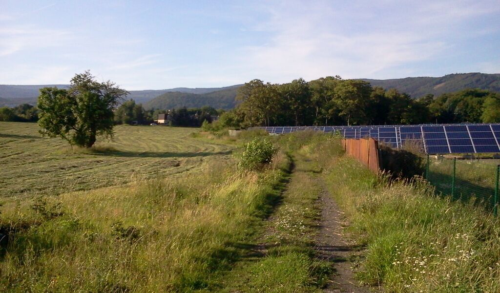 A rural landscape with a dirt path leading to solar panels.