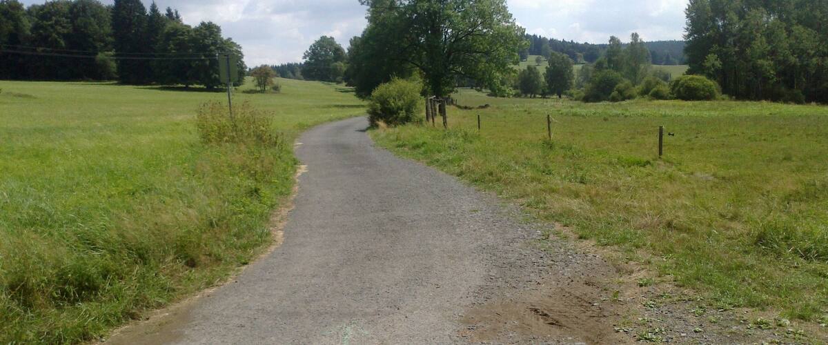 A rural road winding through a green field with trees and a fence on the right.