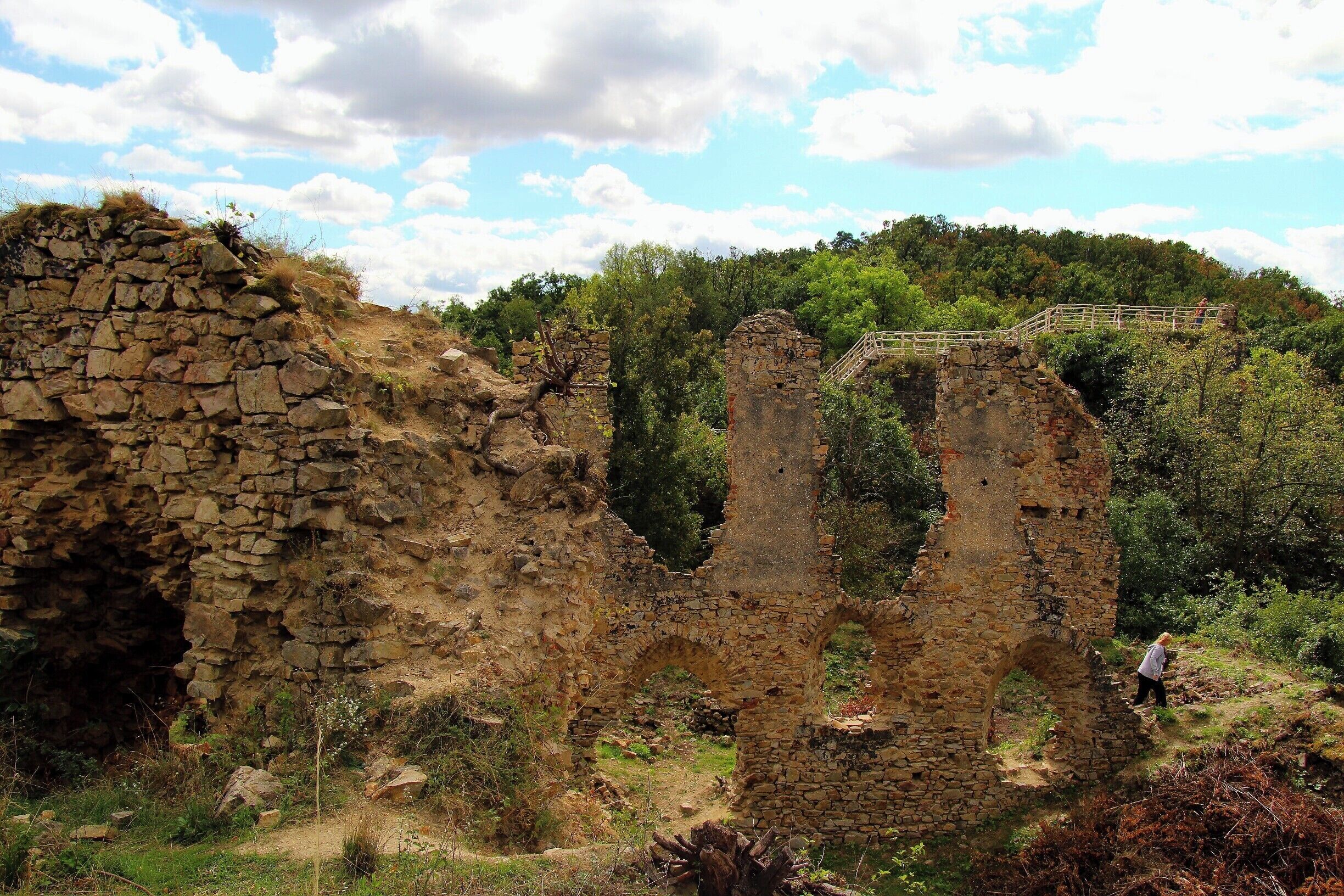 Ancient stone ruins with a bridge, surrounded by greenery and trees.