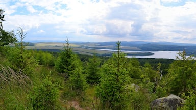 Panoramablick vom Gipfelrand des Jelení hora von Süden nach Nordwest. Im Hintergrund ist das Fichtelberg-Keilberg-Massiv, davor der Velký Špičák und im Vordergrund Stausee sowie Damm der Talsperre Preßnitz erkennbar. Unterhalb des Dammes liegt die Ortschaft Kryštofovy Hamry. Im Süden lässt sich zudem der Mědník sowie der Steilabbruch des Gebirges zum Egergraben hin erkennen.
