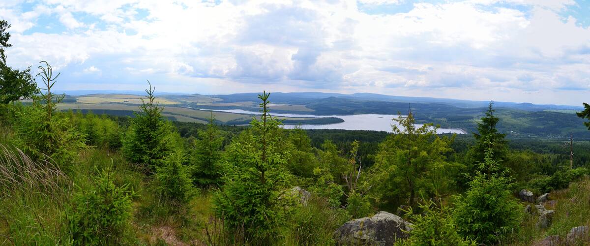 A mountainous landscape with dense forests, a lake, and distant hills.
