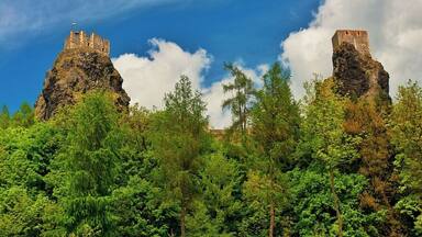 A castle on a rocky hill surrounded by dense green forest.