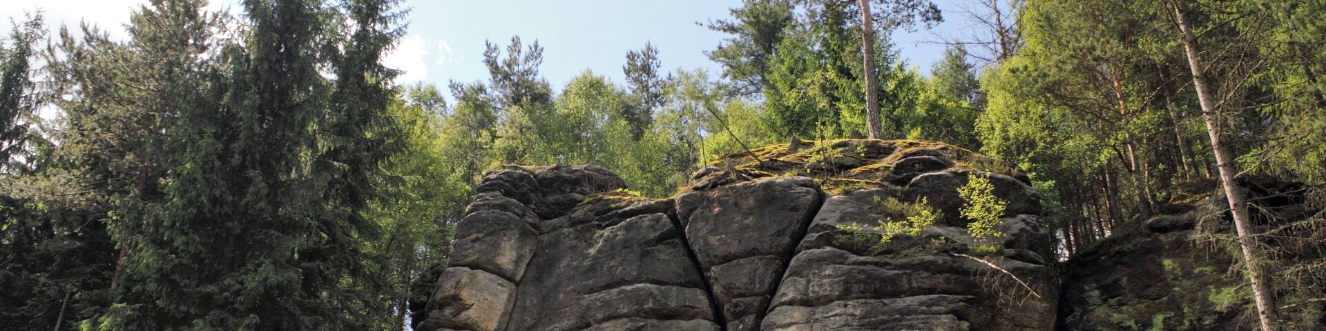 A large rock formation surrounded by dense forest.