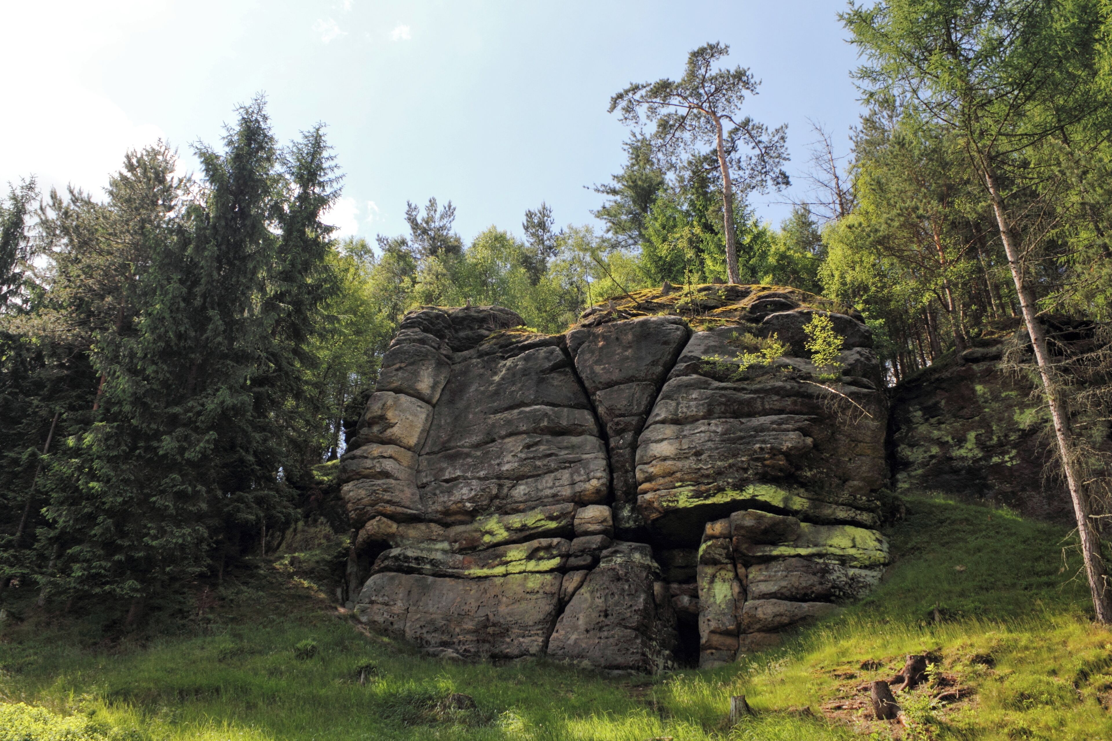 A large rock formation surrounded by dense forest.