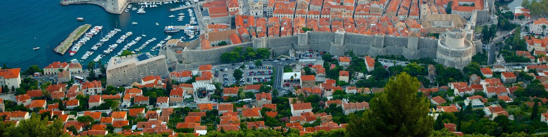 A coastal town with a fortified harbor, red-roofed buildings, and a prominent castle.