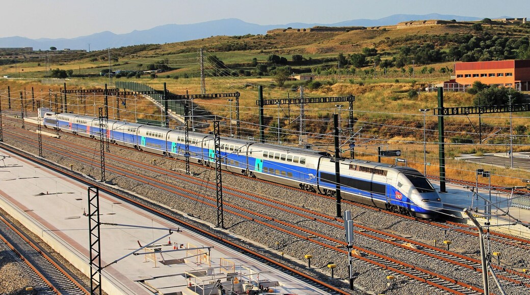 TGV llegando a la estación de Figueres - Vilafant. Detrás, en la colina de la derecha, el Castell de Sant Ferran.