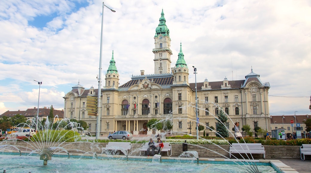 Gyor Town Hall showing an administrative buidling, heritage architecture and a fountain