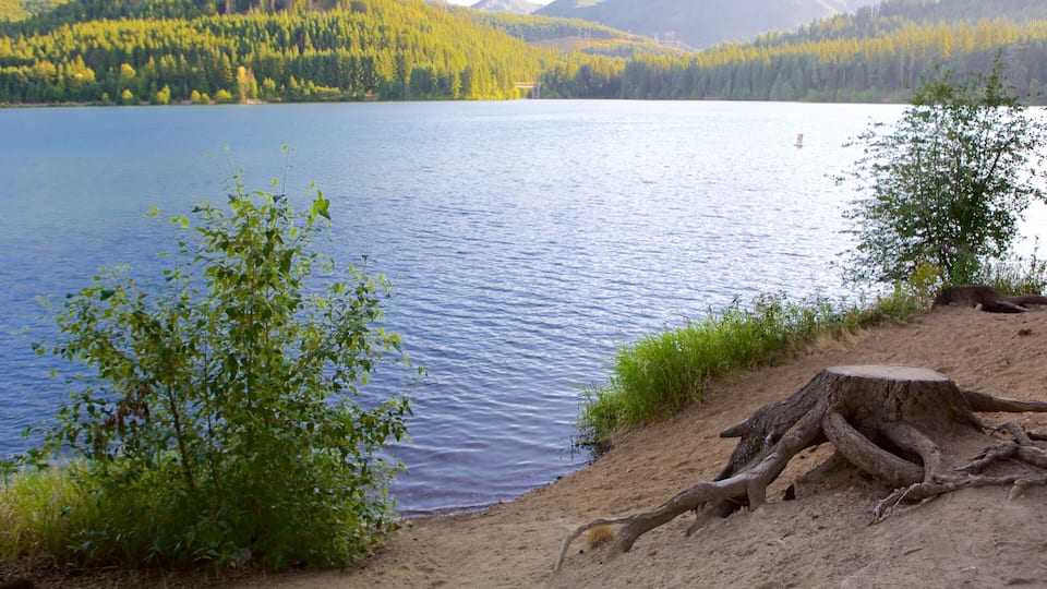 A lake surrounded by forested hills.