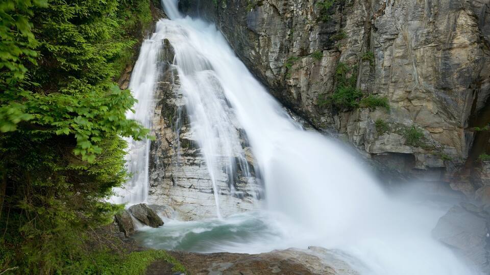 A waterfall cascading down a rocky cliff surrounded by lush greenery.