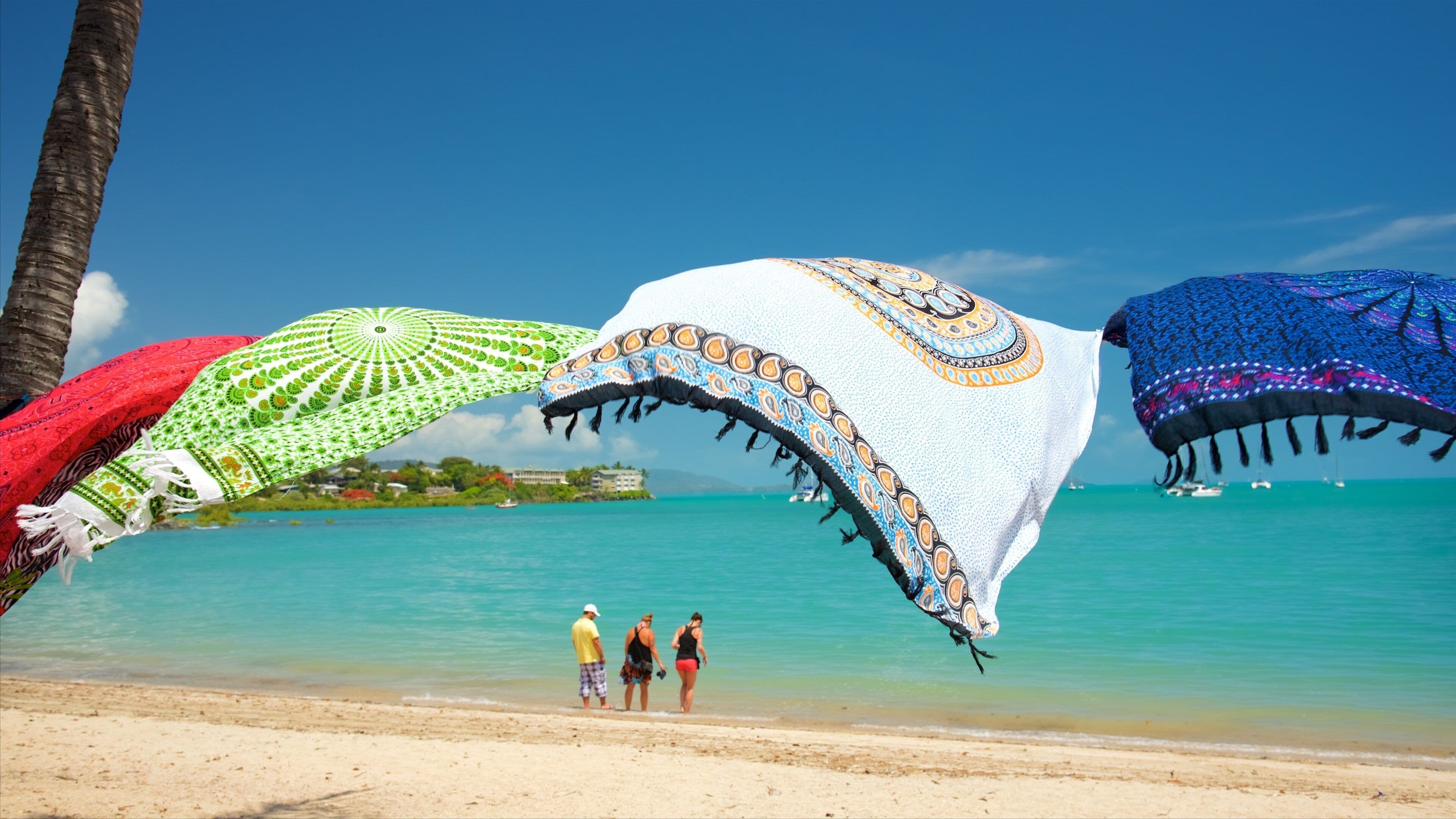 Airlie Beach showing a sandy beach and a coastal town as well as a small group of people
