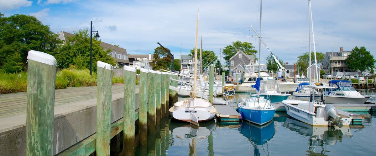 A marina with various boats docked, a wooden pier, and houses in the background.