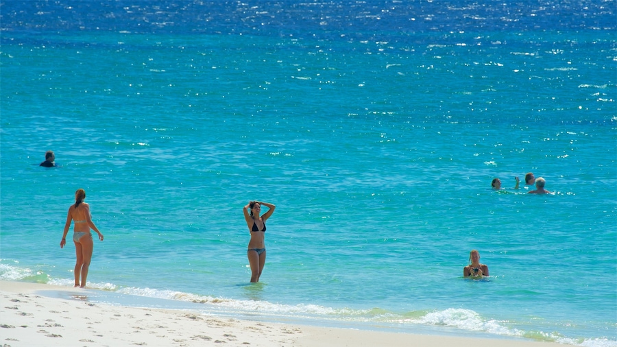 Jervis Bay National Park showing a sandy beach and general coastal views as well as a small group of people