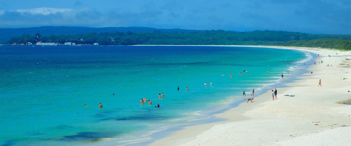 Huskisson showing a sandy beach and general coastal views as well as a large group of people