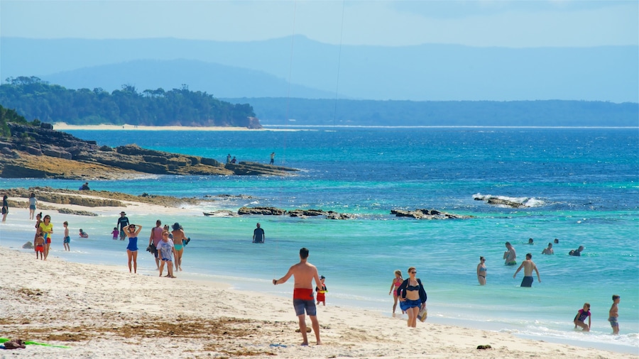 Jervis Bayn kansallispuisto johon kuuluu ranta ja karu rannikko sekä suuri ryhmä ihmisiä