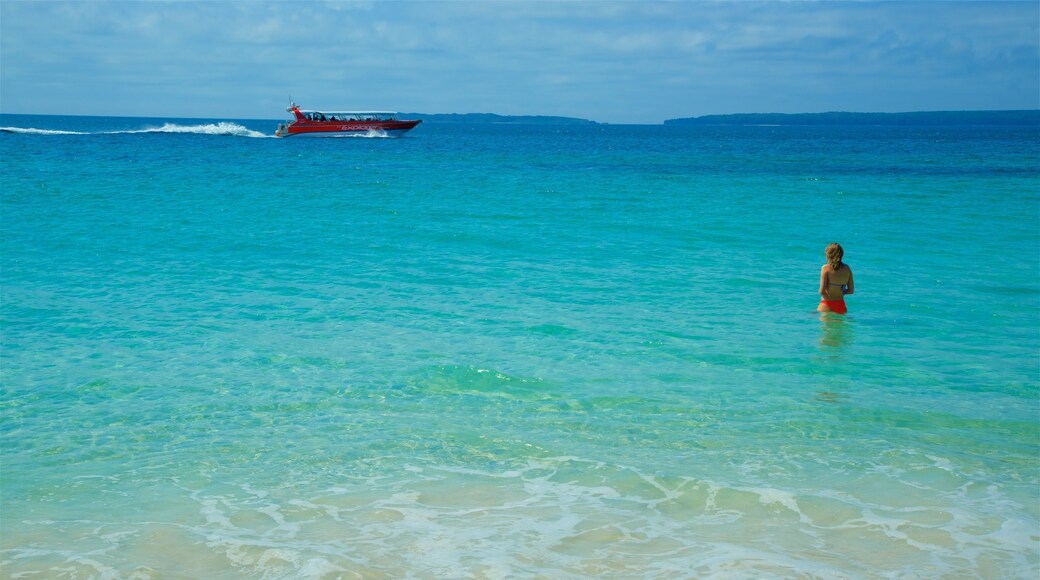 Jervis Bay National Park featuring boating and general coastal views as well as an individual femail
