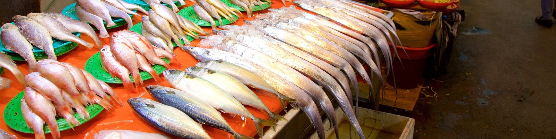 Variedad de pescado fresco exhibido sobre hielo en un puesto de mercado.