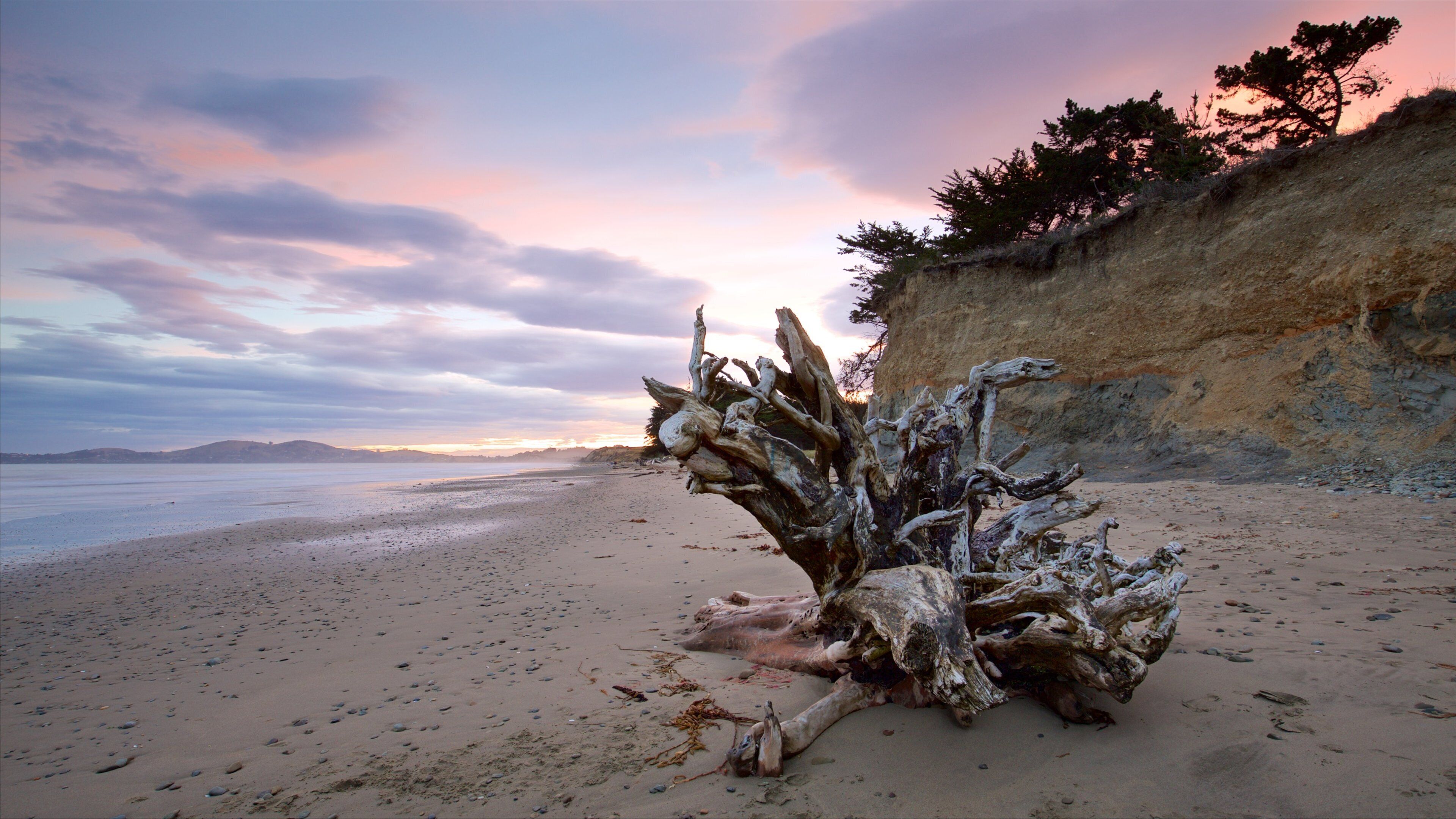 Oamaru which includes a bay or harbor, a sunset and a sandy beach