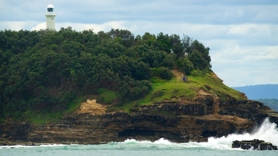 Yamba which includes rugged coastline and a lighthouse