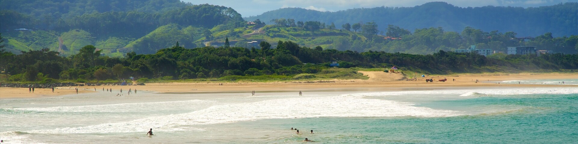 Coffs Harbour showing swimming and a sandy beach as well as a large group of people