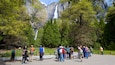 Un groupe de personnes se tient près d’une cascade dans une zone boisée, avec des falaises rocheuses en arrière-plan.