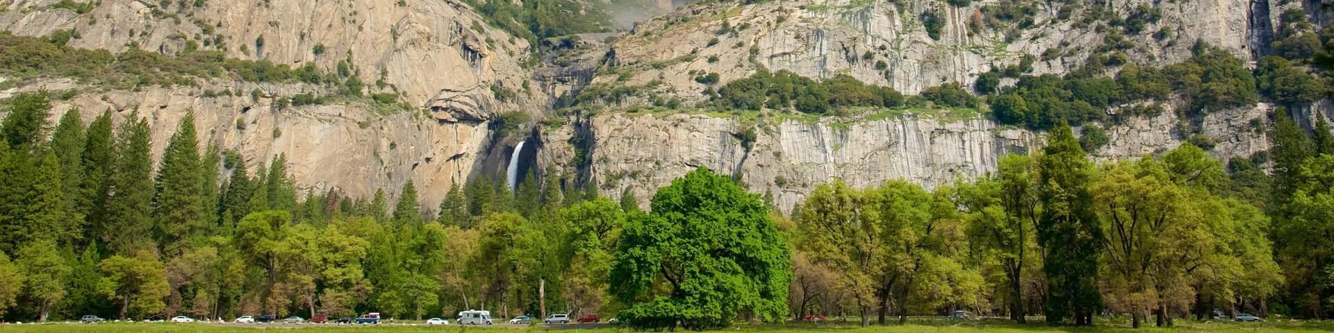 Lower Yosemite Falls which includes a waterfall and mountains