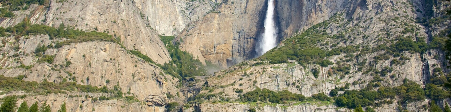 Lower Yosemite Falls which includes a waterfall and mountains