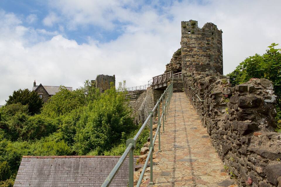 Una scala in pietra che conduce a una torre di castello, circondata da un lussureggiante paesaggio verde.