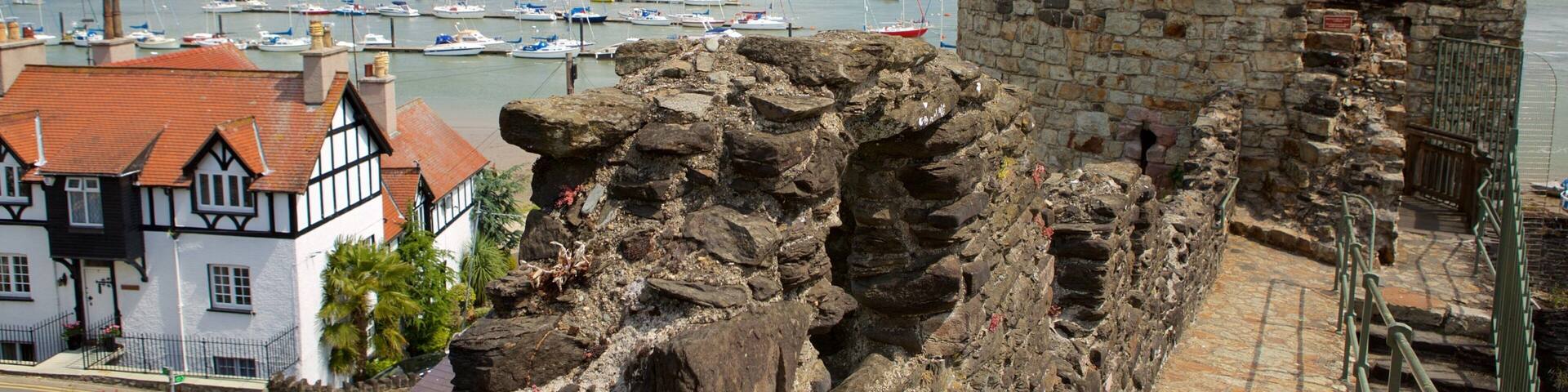 Conwy which includes building ruins, a small town or village and heritage elements