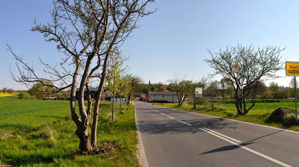 Eine ländliche Straße mit Feldern rechts und links, ein Schild für Vilmitz und ein Kirchturm in der Ferne.