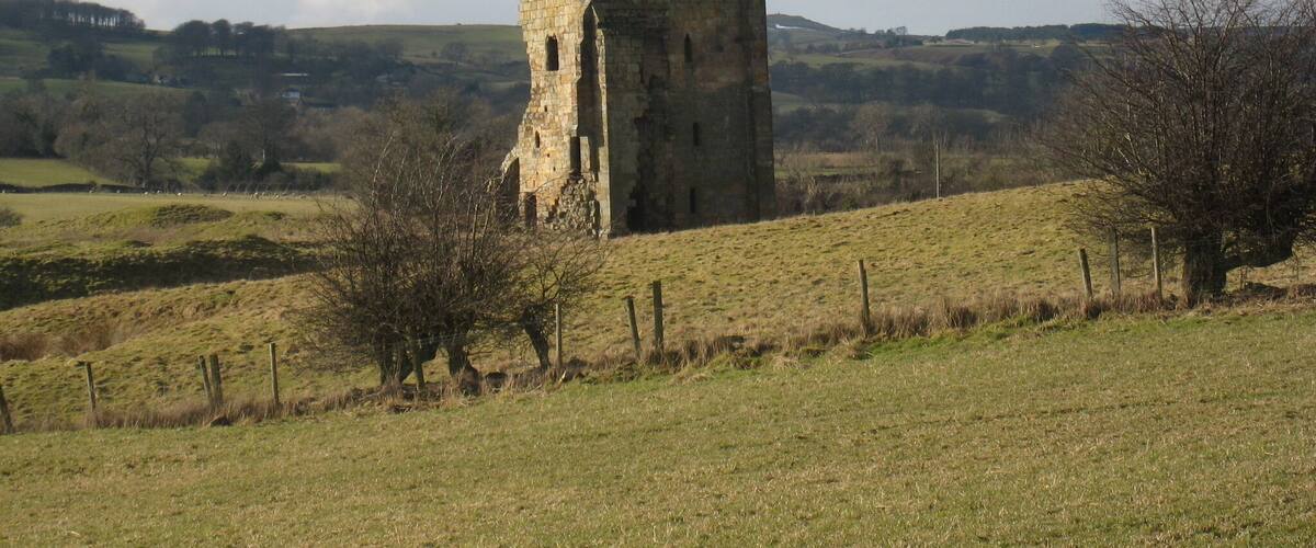 A medieval stone tower in a rural landscape with rolling hills and sparse trees.