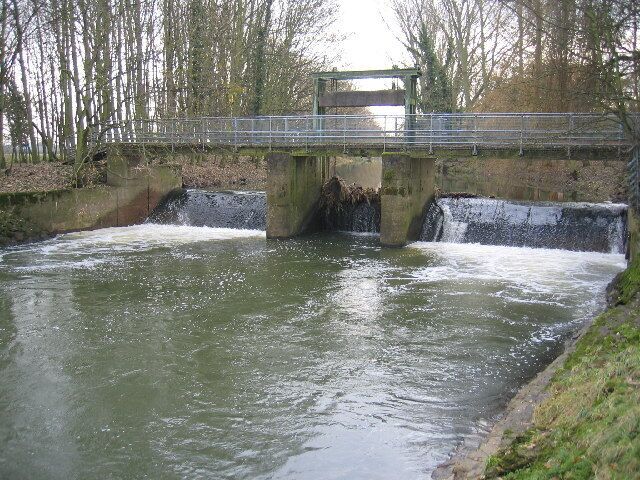Alveston Sluice. Water control works on the River Avon just upstream of a one time fording point across the river.