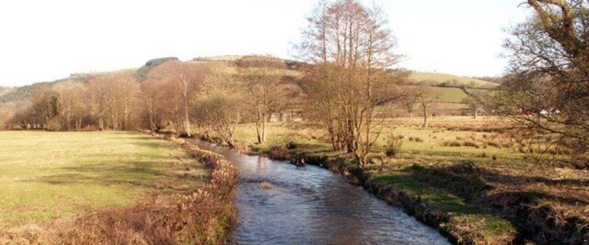 A narrow river flowing through a rural landscape with grassy fields and trees.