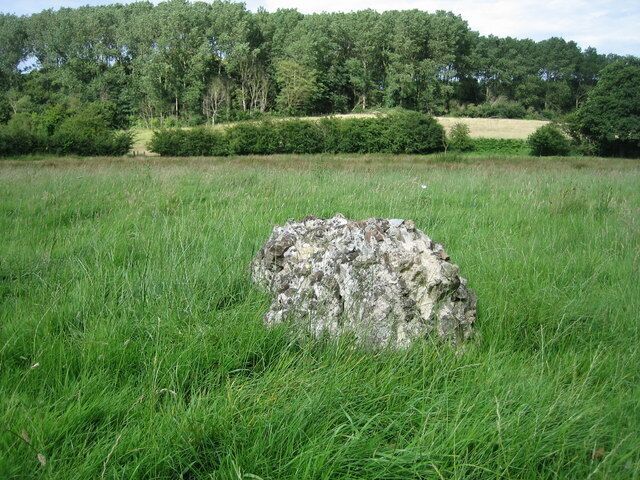 A large rock in a grassy field with a forest in the background.