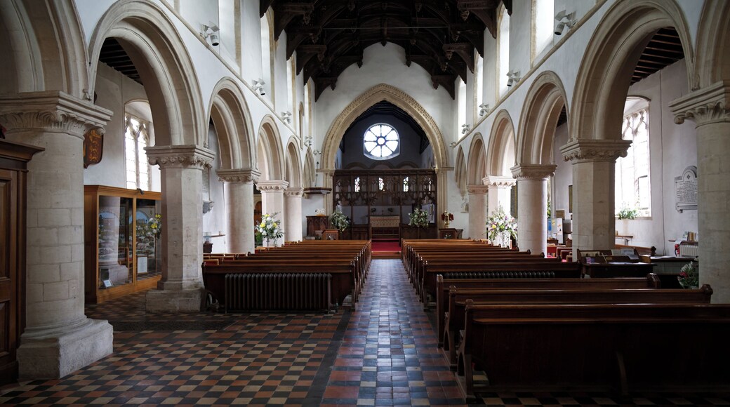 Looking east from the tower along the nave to the chancel of St Nicholas' Church in Castle Hedingham in Essex, England. Second of two shots, this with church interior lights turned off. Camera: Canon EOS 6D with Canon EF 24-105mm F4L IS USM lens. Software: large RAW file lens-corrected, optimized and downsized with DxO OpticsPro 10 Elite, Viewpoint 2, and Adobe Photoshop CS2.