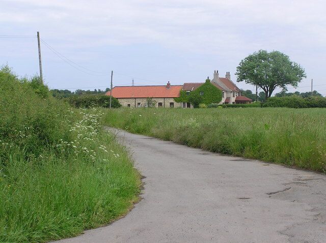A rural road curving through a field with a house and a large tree in the background.