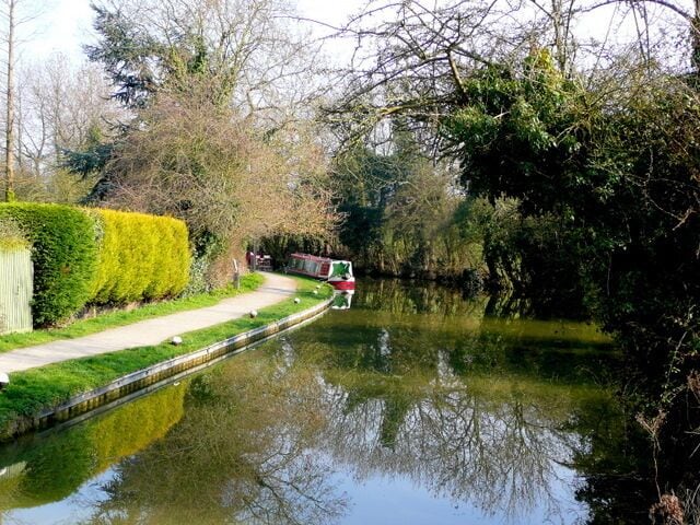 Market Harborough Arm, Grand Union Canal Looking east from Foxton swing bridge.