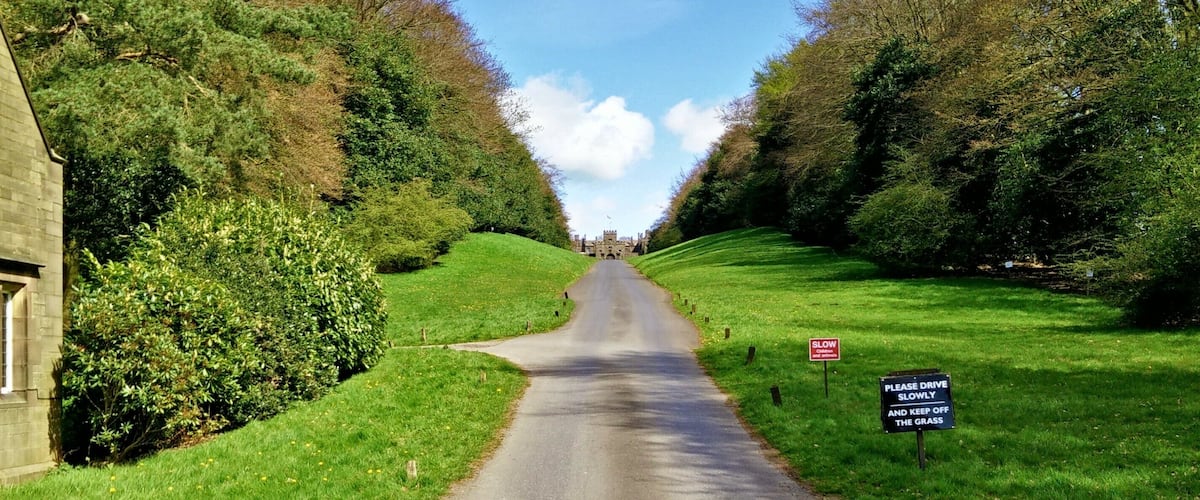 A rural road flanked by trees and a sign instructing to drive slowly and keep off the grass.