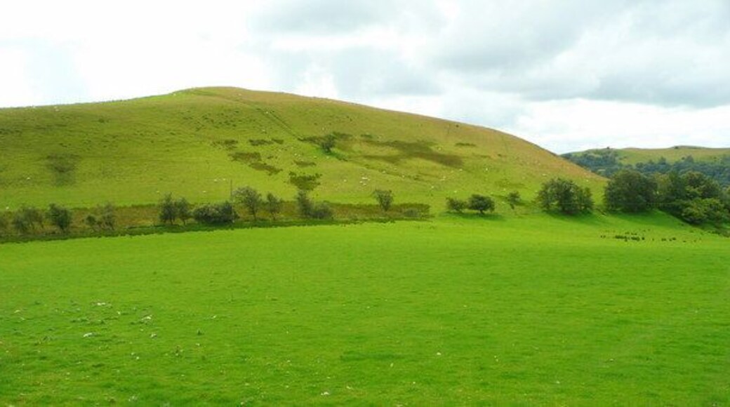Hillside west of Ffynnon-oer Looking south from the road/bridleway intersection. An unnamed hill at 388m altitude.