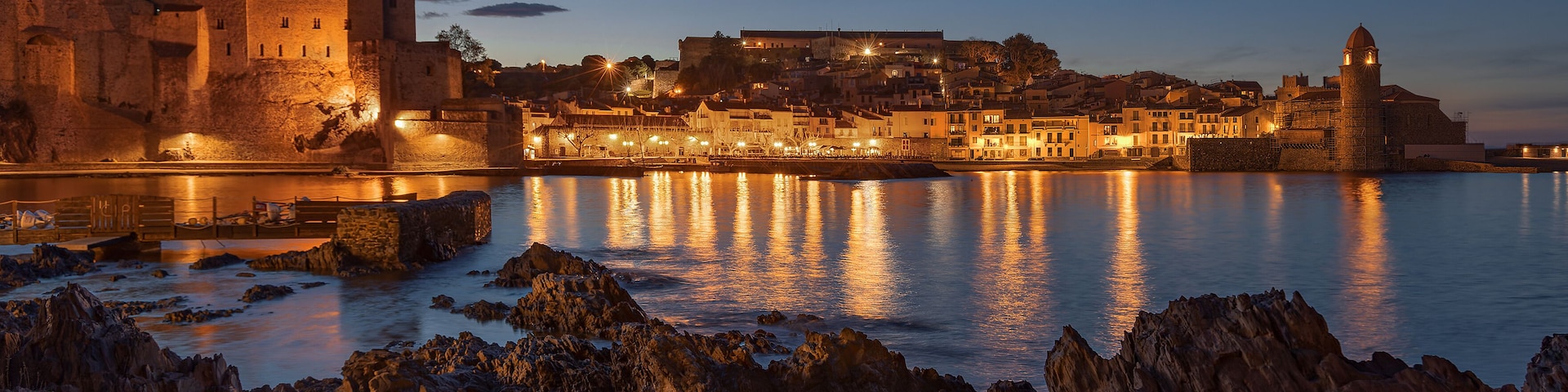 Beautifull view of Collioure at the Blue Hour, France