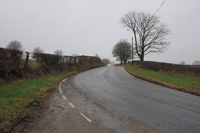 The A475 north of Llanwenog Seen here on the corner where it is joined by a steep minor road climbing north west out of the village.