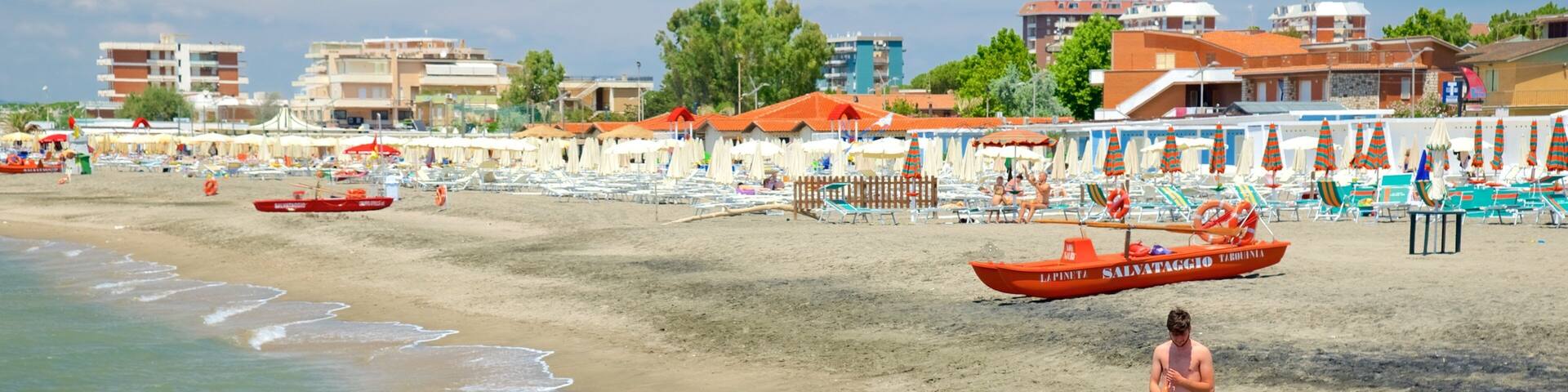 Tarquinia featuring swimming, a coastal town and a sandy beach